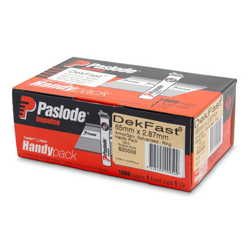 Buy online Paslode Dekfast 1000 Pack 65mm x 2.87mm Gal Impulse Nails from Canterbury Timbers and Building Supplies