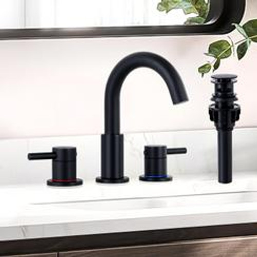 KZH Bathroom Faucet 3 Hole, Black and Gold 8inch Widespread Bathroom Faucet