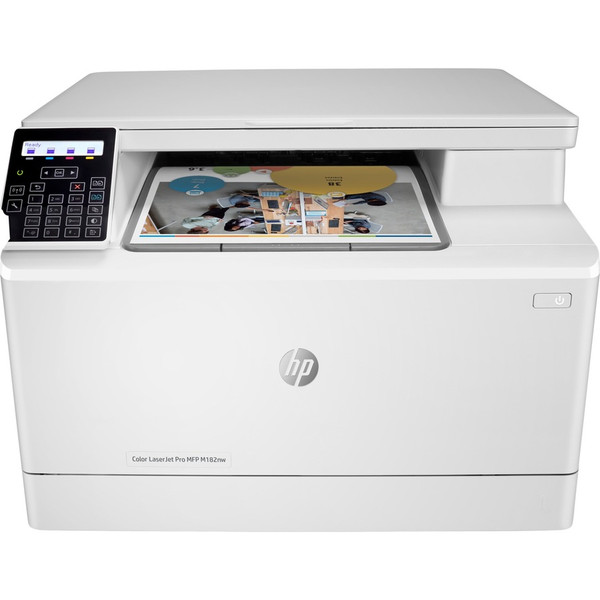 HP LaserJet Pro M182nw Laser Multifunction Printer-Color-Copier/Scanner-17 ppm Mono/17 ppm Color Print-600x600 dpi Print-Manual Duplex Print-30000 Pages-150 sheets Input-1200 dpi Optical Scan-Wireless LAN-HP ePrint-Mopria 7KW55A#BGJ