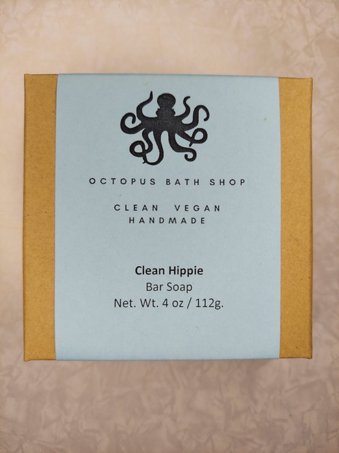 Image shows the front of the box that this soap is packaged in. It is a brown paperboard box with a light blue label. The logo includes a cute octopus image.