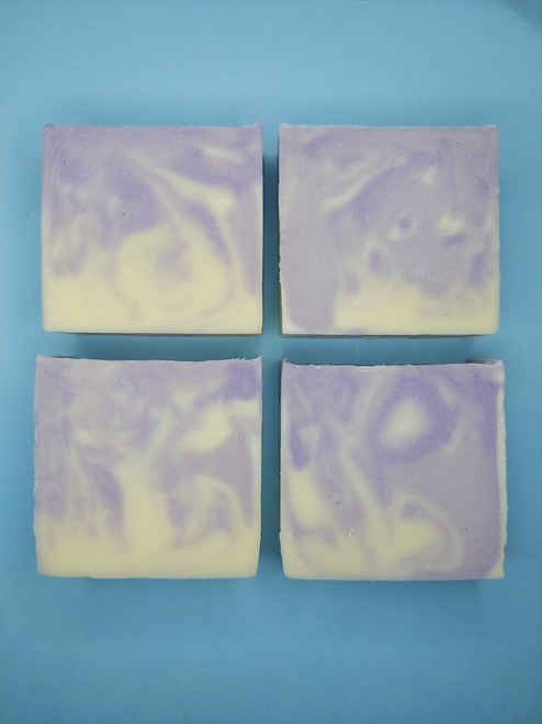 Each bar of soap has a unique lavender and white swirl pattern.