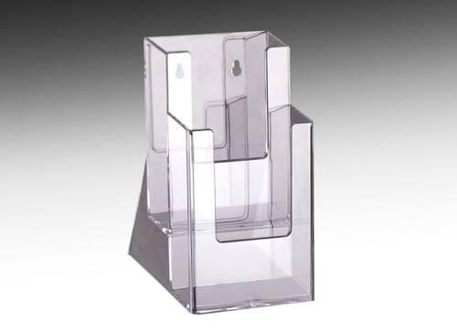 Two tier brochure holder for displaying 4" x 9" brochures  on tabletops at retail stores and offices.