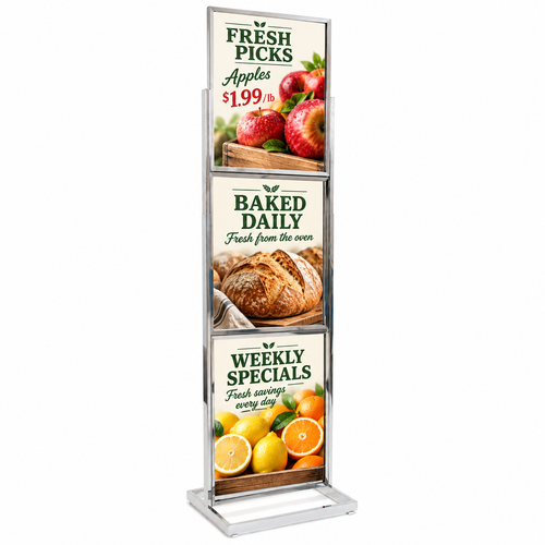 22"W x 28"H 3-Tier Poster Stand | Chrome