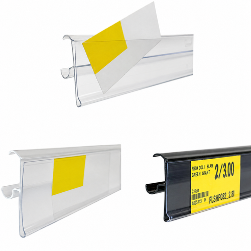 Price Tag Molding Ticket Holder | For Double Wire Cooler Shelf | Clear Protective Lens | 28"L x 1.25"H Labels | Clear/White/Black