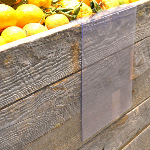 Clear hanging sign protector for displaying graphics on produce bins and retail dump bins