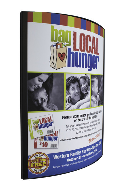 Curved 22"x 28 wall mount poster frame for displaying signs on walls of retail stores and facilities.