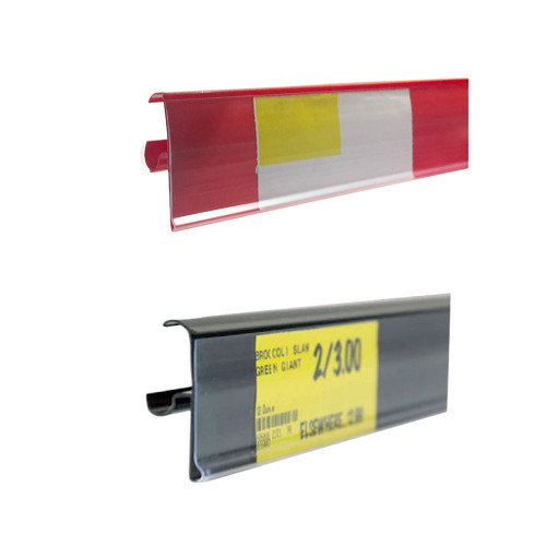 Price Tag Molding Ticket Holder | For Double Wire Cooler Shelf | Clear Protective Lens | 30"L x 1.25"H Labels | Black/Red