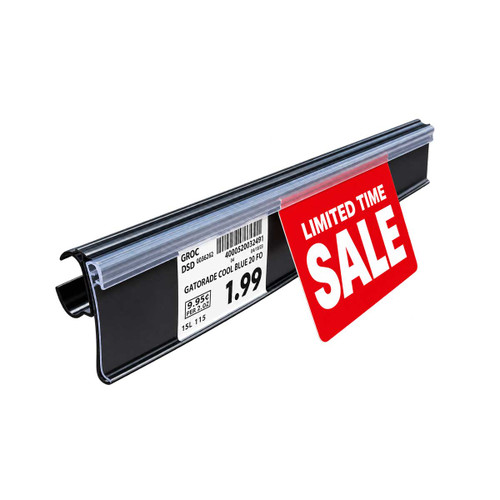 Price Tag Molding Ticket Holder With Promo Girpper | For Double Wire Cooler Shelf | Clear Protective Lens | 28"L x 1.25"H Labels | Black