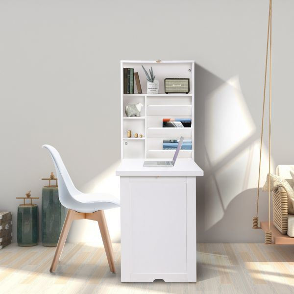 Modern Compact Wood Wall Mounted Folding Desk Cabinet Convertible Writing Desk for Home Office with Storage, White