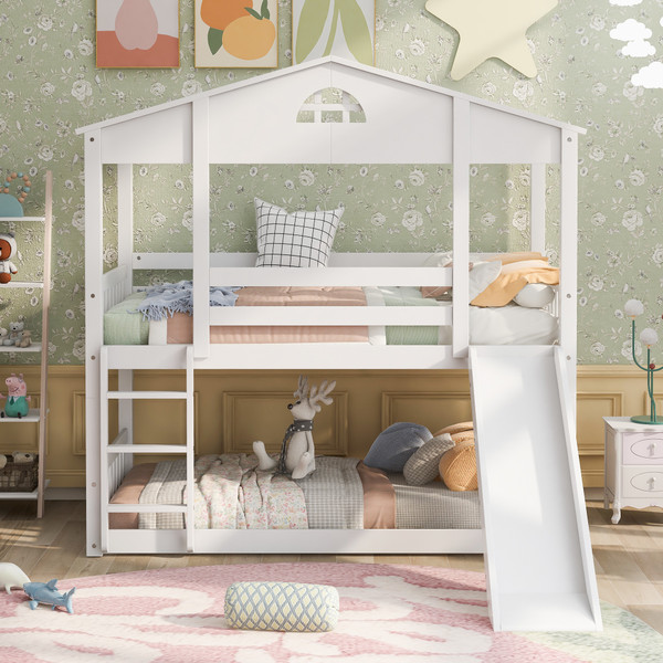 Twin over Twin House Bunk Bed with Convertible Slide and Ladder,Converts into 2 Separate Platform Beds