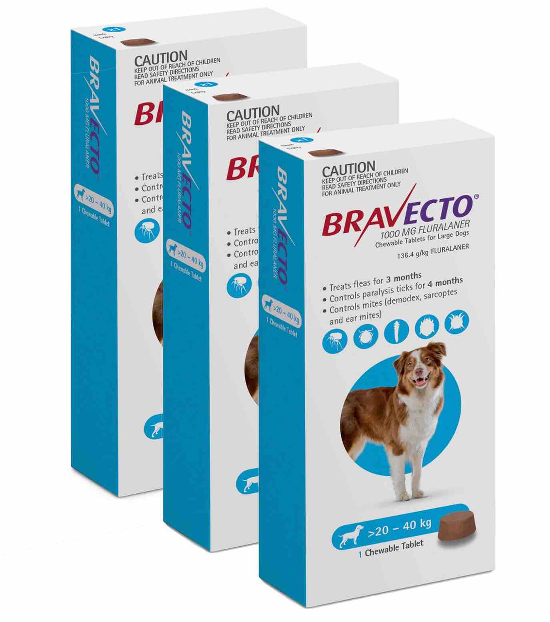 Bravecto Flea and Tick Chew for Dogs 44-88 lbs (20-40 kg) - Blue 3 Chews