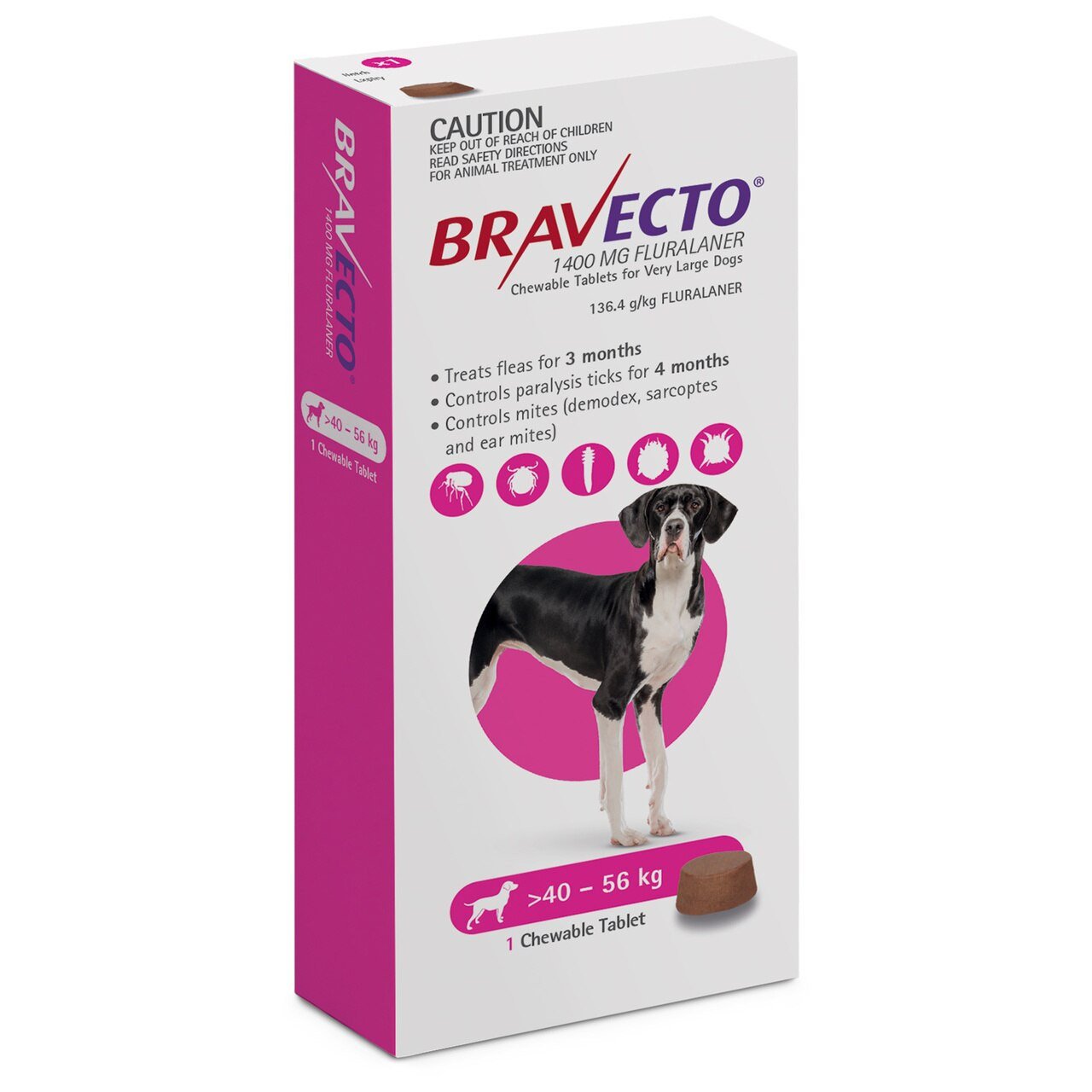 20% Off Bravecto Flea and Tick Chew for Dogs 88-123 lbs (40-56 kg) - Pink 1 Chew Now Only $ 45.14