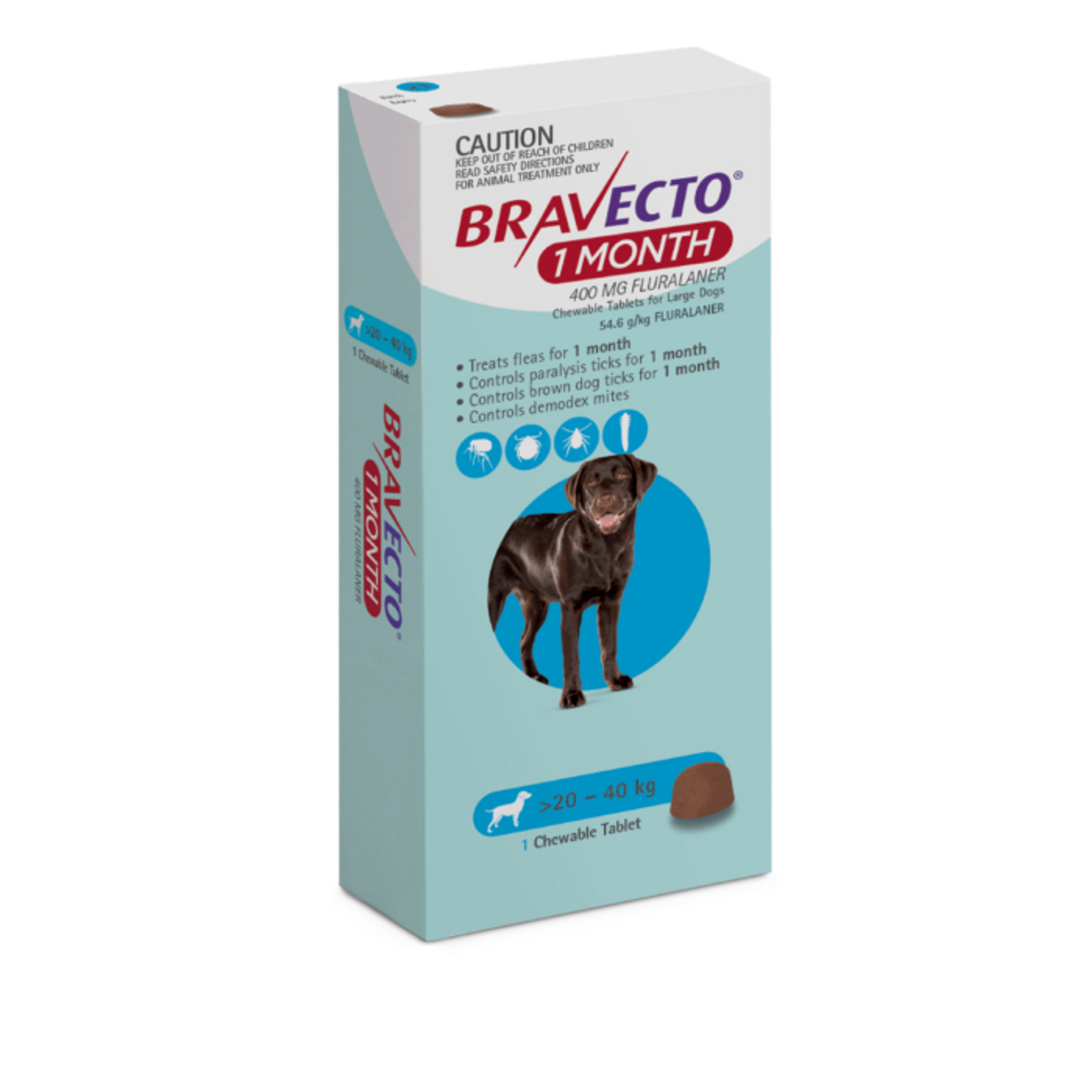 Bravecto 1 Month Flea and Tick Chew for Dogs 44-88 lbs (20-40 kg) - Blue 1  Chew - Sierra Pet Meds