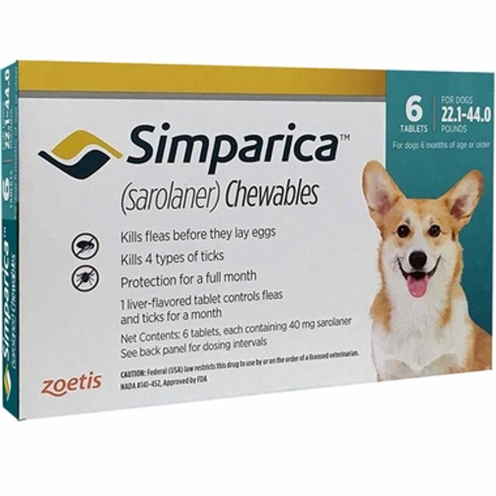 Simparica Chews for Dogs 22-44 lbs (10.1-20 kg) Blue 6 Chews Pet Meds