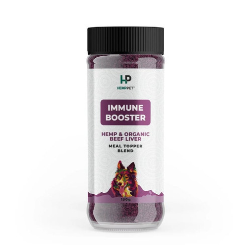 HempPet Immune Booster 150g container with hemp and organic beef liver meal topper for dogs