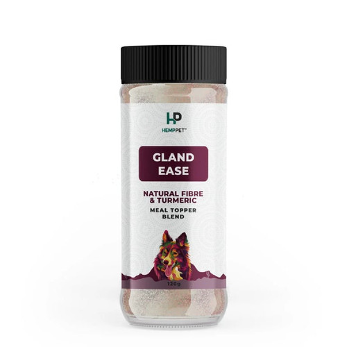 HempPet Gland Ease 120g container - natural fibre and turmeric meal topper for dogs digestive and anal gland support