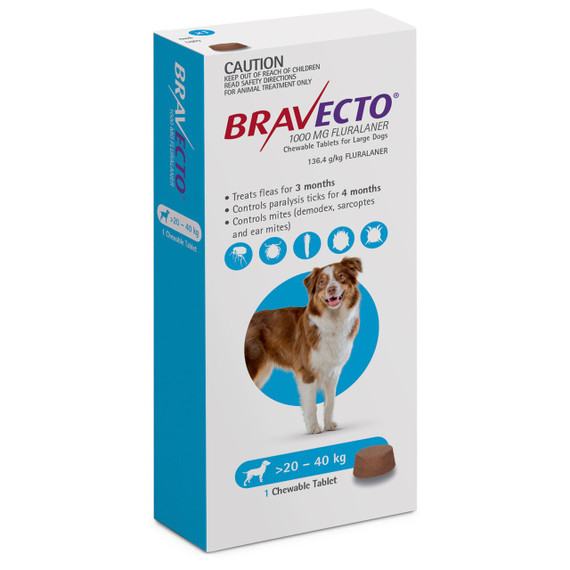 20% הנחה על חטיף Bravecto נגד פרעושים וקרציות לכלבים 20-40 ק"ג (44-88 פאונד) - כחול חטיף אחד עכשיו רק $ 41.9
