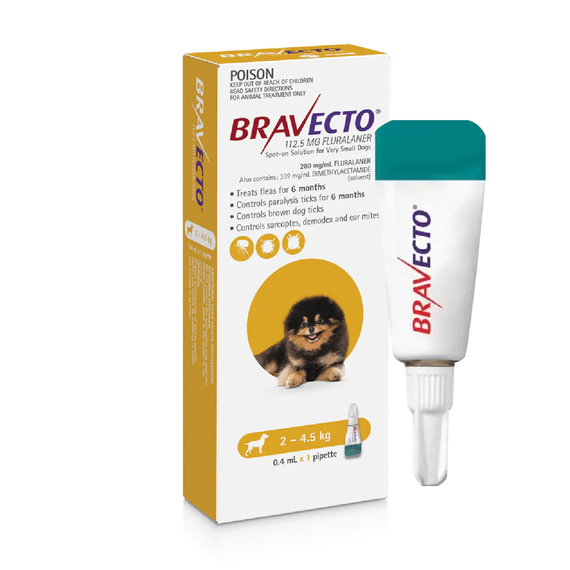 Bravecto Topical Solution for Dogs 4.4-9.9 lbs (2-4.5 kg) - Yellow 1 Dose