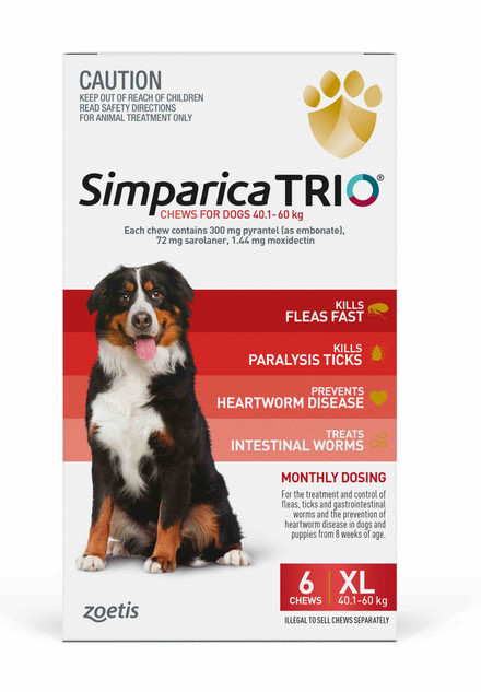 20% Off Simparica TRIO Chews for Dogs 88-132 lbs (40.1-60 kg) - Red 6 Chews Now Only $ 97.59