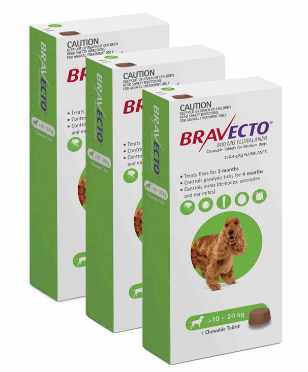 20 % de rabais Bravecto Puces et Tiques à mâcher pour chiens de 22 à 44 lb (10 à 20 kg) - Vert 3 croquettes maintenant seulement 102,47