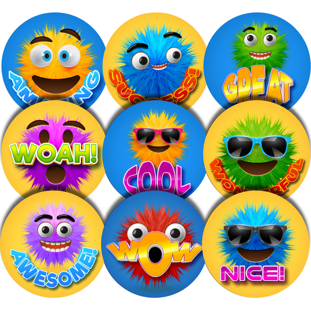 144 Furry Face Praise Word Rewards 30 mm Glossy Stickers.