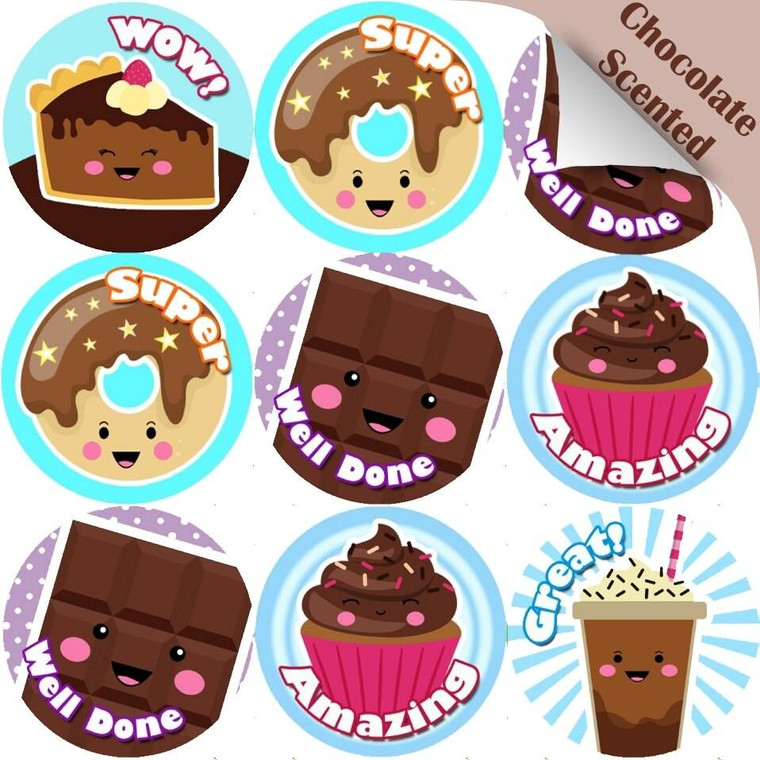 Sticker Stocker 120 Chocolate Praise Words 30mm Scented Reward Stickers for Teachers, Parents and Party Bags