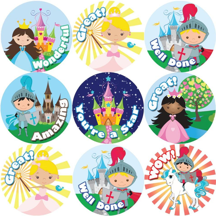 Sticker Stocker 144 Princess and Knights Praise Words 30mm Stickers for Teachers, Parents and Party Bags