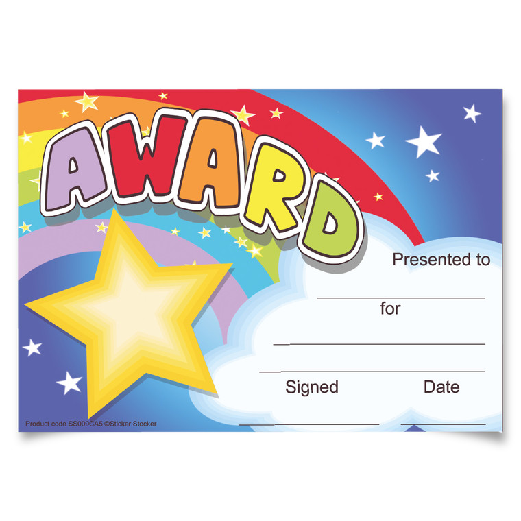 Sticker Stocker 30 Rainbow Award certificates for school teachers, 250gsm A5 silk finish card