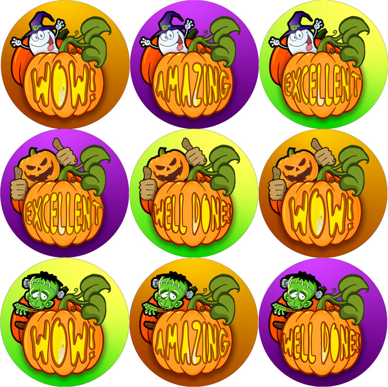 Sticker Stocker - 144 Halloween Pumpkin Praise Words 30mm Round Children's Reward Stickers for Teachers, Parents and Party Bags