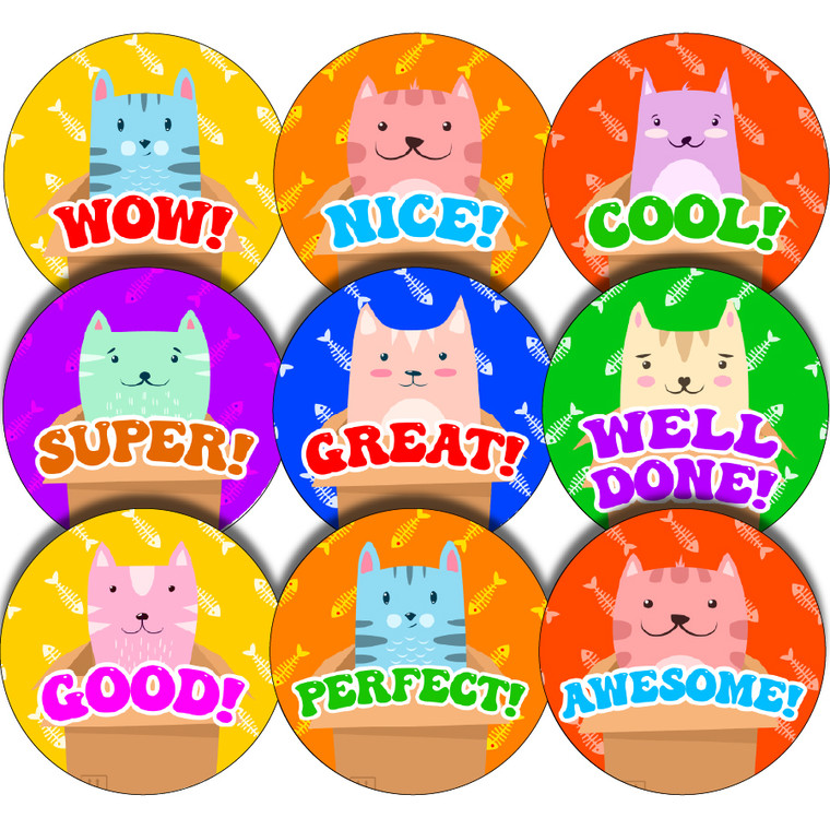 Sticker Stocker - 144 Colourful Cool Cats - 30mm - Glossy Reward Stickers for Teachers & Parents