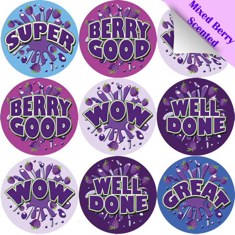 Sticker Stocker - 120 Mixed Berry Burst Praise Words 30mm Scented Reward Stickers for Teachers, Parents and Party Bags