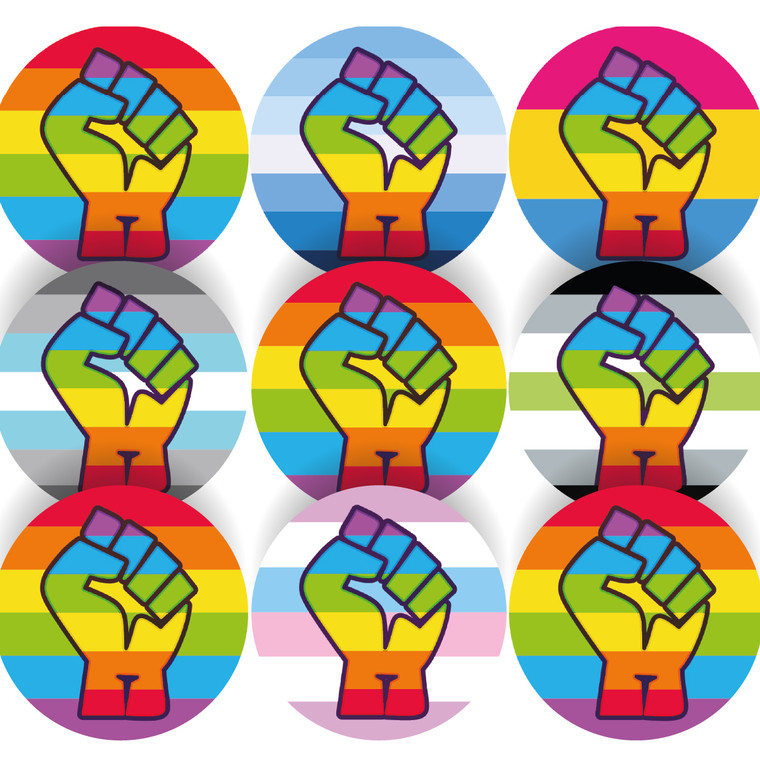 Sticker Stocker - 144 Colourful LGBT Pride Rainbow Fists 30mm Glossy Stickers