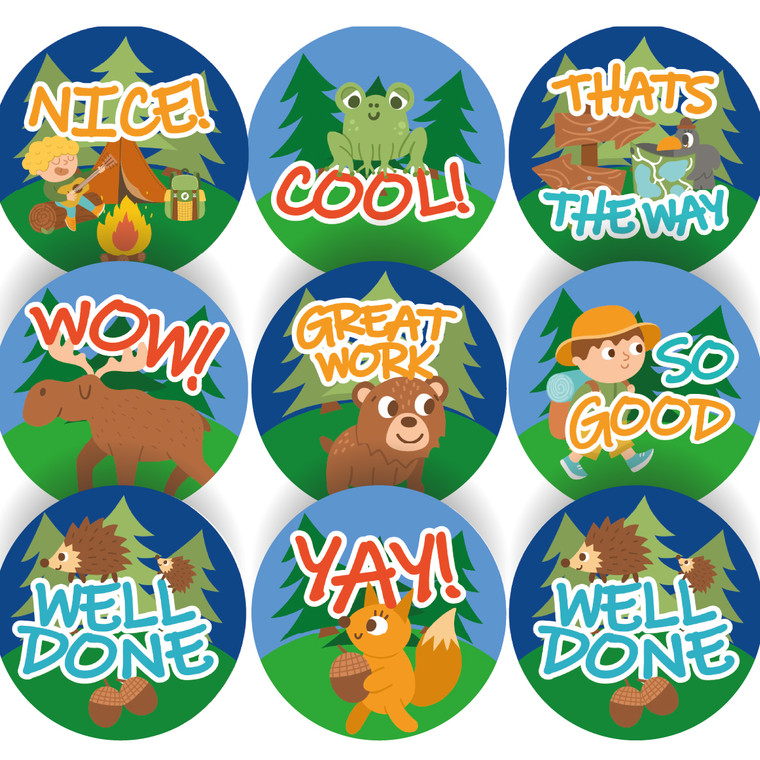 144 Camping Critter Praise Word Stickers - 30mm - Glossy Reward Stickers for Teachers & Parents