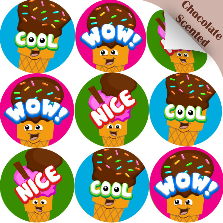 SNS01830 120 Cool Cones 30mm Chocolate Scented Reward Stickers for Teachers, Parents and Party Bags