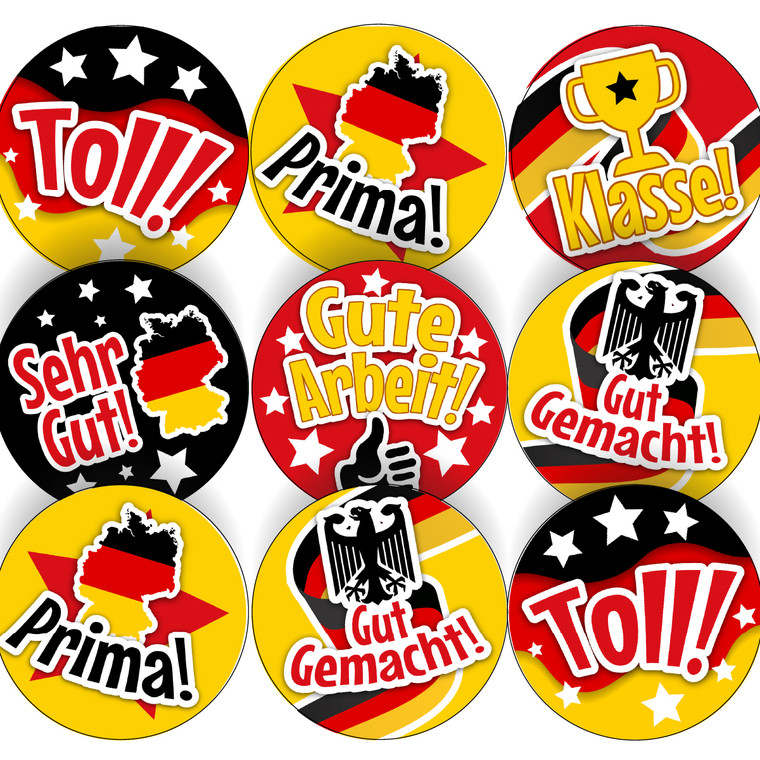 144 Super German Praise Word Stickers - 30mm Glossy Reward Stickers for Teachers & Parents