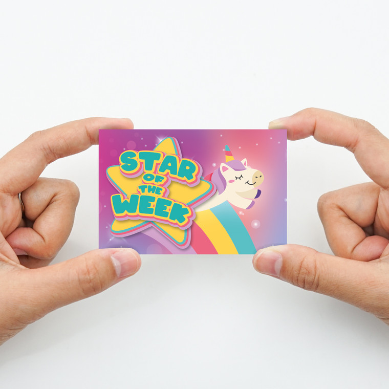 Sticker Stocker - Unicorn Star of the Week award cards for school teachers, wallet sized glossy reward cards