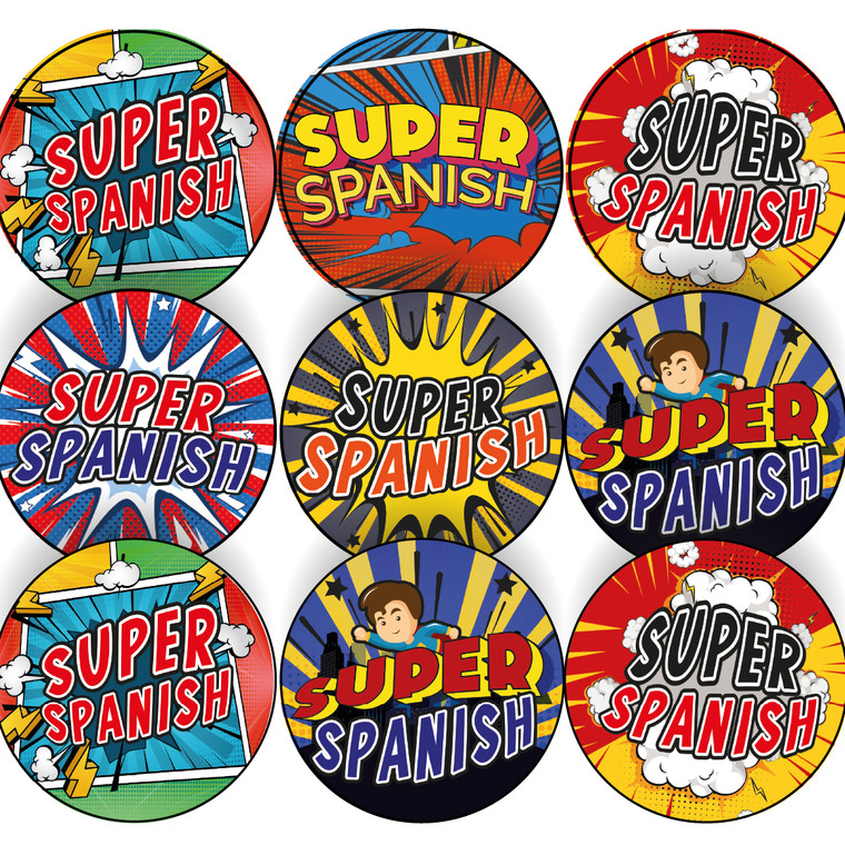 144 Spanish Superhero Comic Stickers - 30mm Glossy Reward Stickers for Teachers & Parents