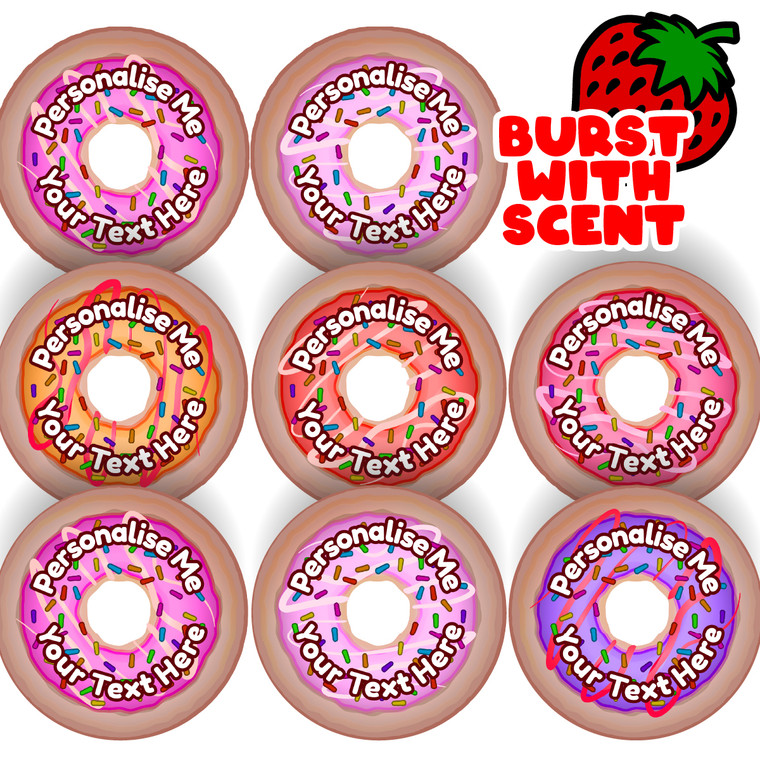 Sticker Stocker - 120 Strawberry Scented Personalised Stickers - Donut - Personalised 30 mm Scented Stickers - For Teachers Nursery Parents