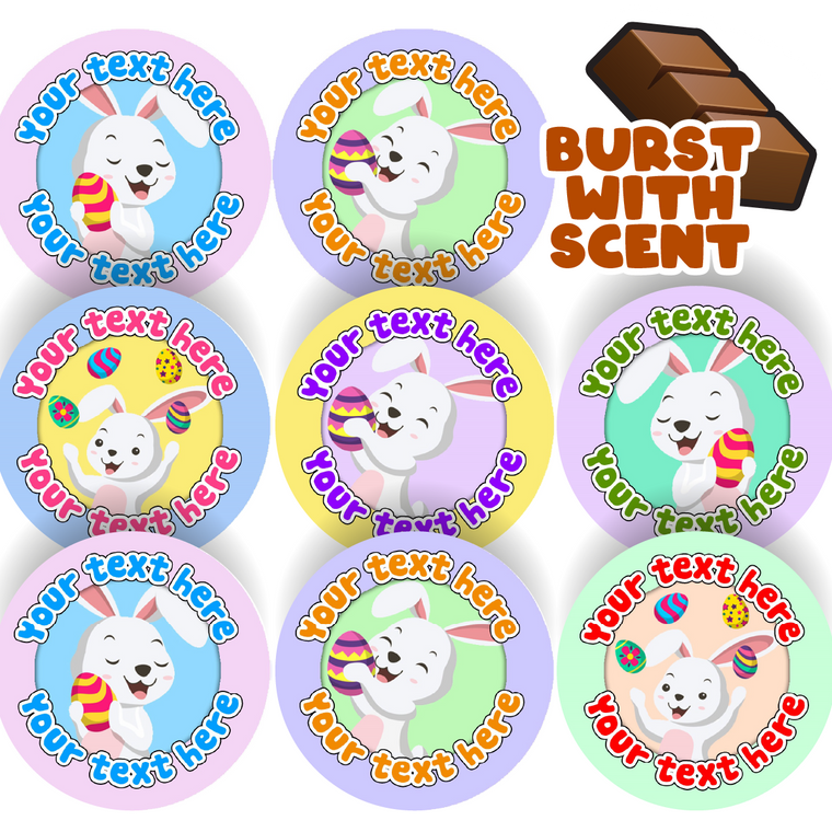 120 Chocolate Scented Personalised Stickers - Easter Bunny - Personalised 30 mm Scented  Stickers - For Teachers Nursery Parents