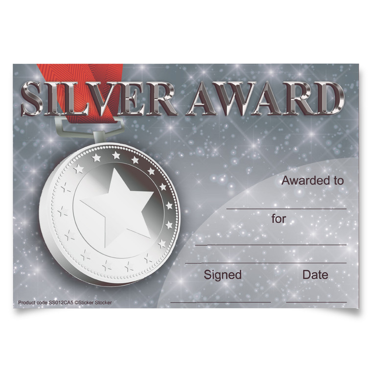 Sticker Stocker 30 Silver Award Certificates for school teachers, 250gsm A5 silk finish card