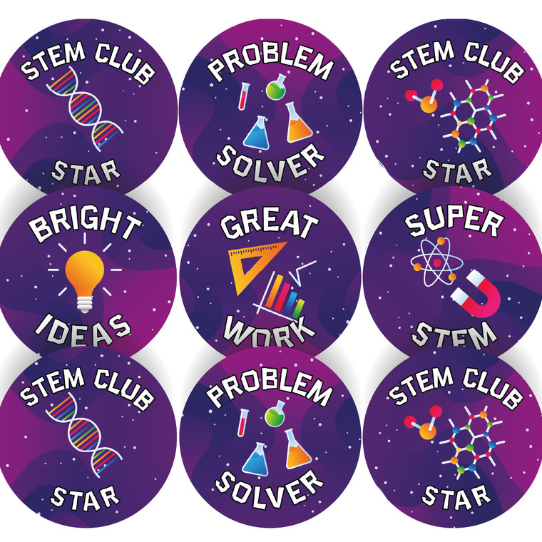 144 STEM Club Praise Words 30mm Reward Stickers for Teachers, Parents and Party Bags