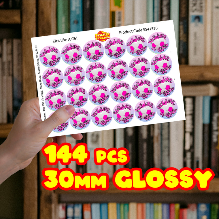 144 Kick Like A Girl Football 30mm Children's Reward Stickers for Teachers or Parents and Party Bags