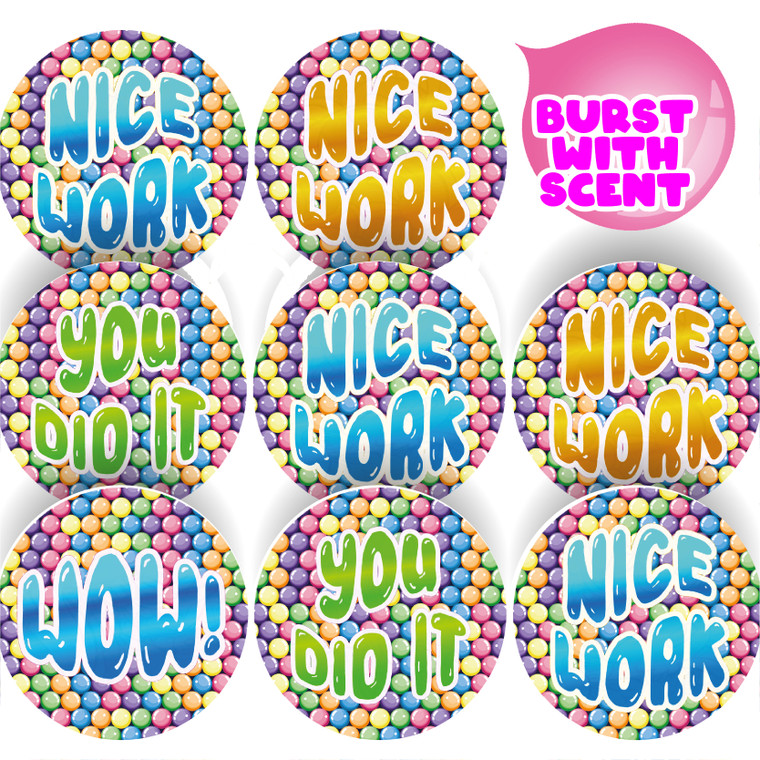 Sticker Stocker - 120 Bubblegum Praise Words 30mm Scented Reward Stickers for Teachers, Parents and Party Bags