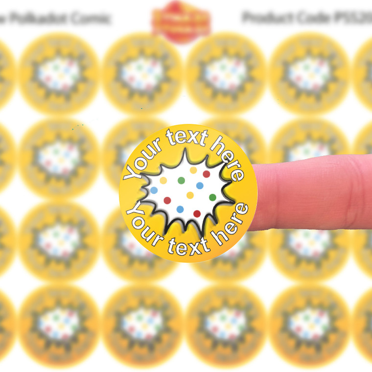 144 Personalised 30mm Yellow Polkadot Comic Children Reward Stickers for School Teachers, Parents and Nursery