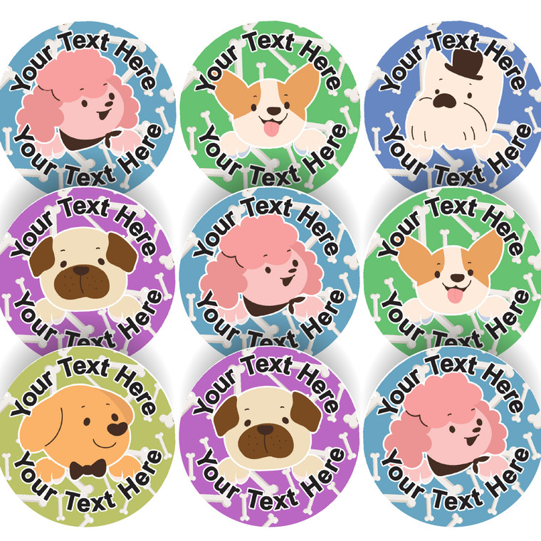 144 Personalised Happy Dogs 30mm Reward Stickers for School Teachers, Parents and Nursery