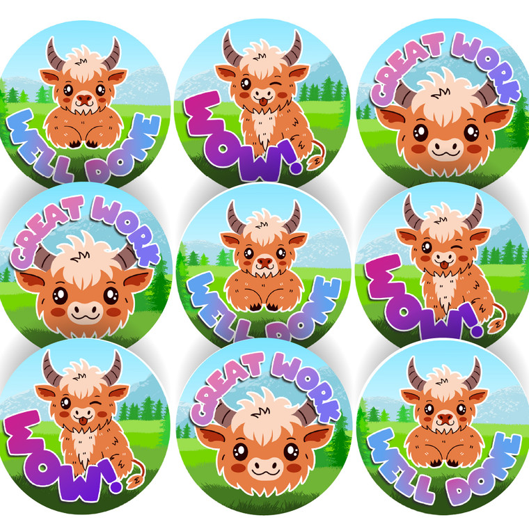 144 Highland Cow Praise Words 30 mm Reward Stickers for Children, Parents, Barbers, Hairdressers