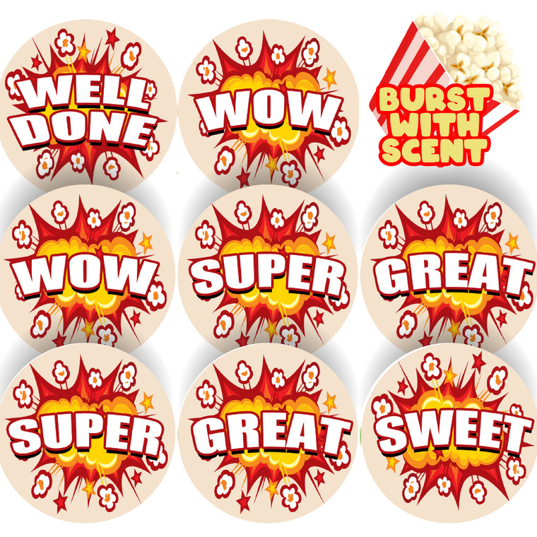 Sticker Stocker 120 Popcorn Praise Words 30mm Popcorn Scented Reward Stickers for Teachers, Parents and Party Bags