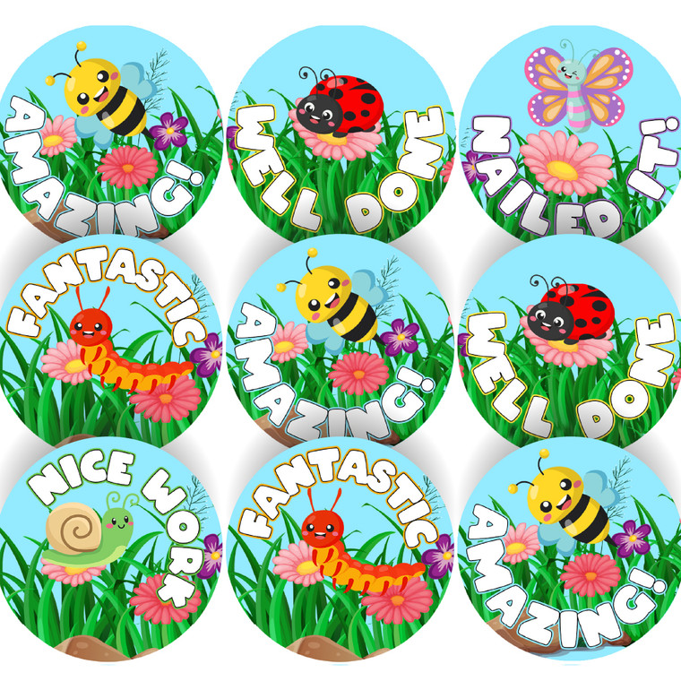 144 Bright Bugs 30mm Round Children's Minibeast Reward Stickers - Teachers or Parents