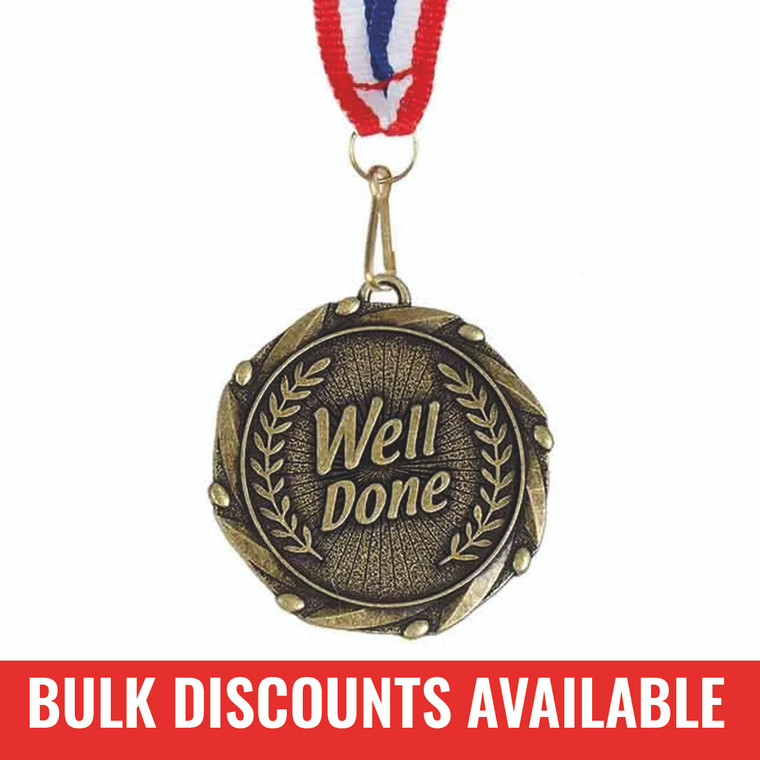 Sticker Stocker - Well Done Medal with FREE Ribbon and Certificate 45mm Metal