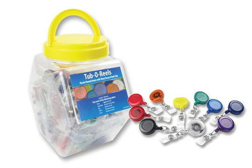 Tub-O-Reels - 1.25" Badge Reels Assorted Colors with Belt Clip and Clear Strap (100 Pack)